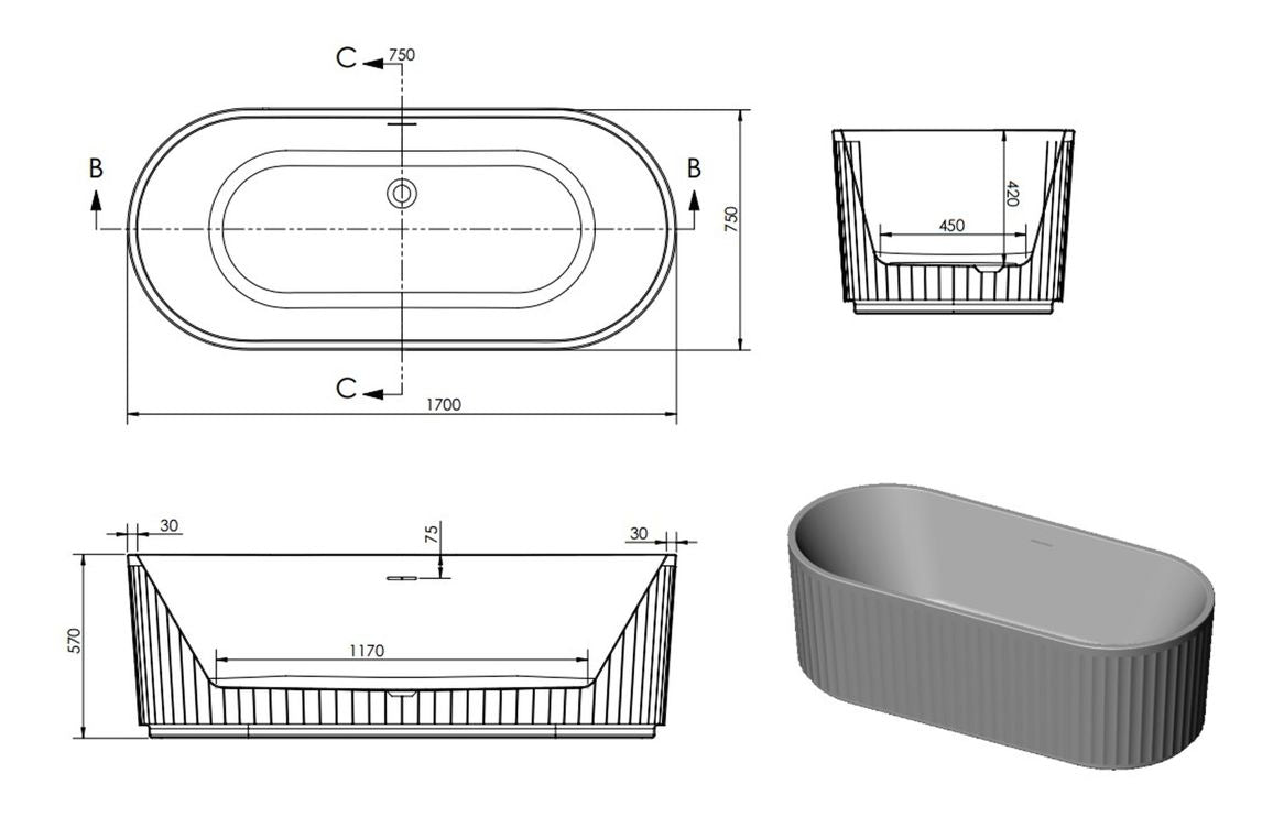 Dee Fluted Free Standing 1700x750x570mm 0TH Bath