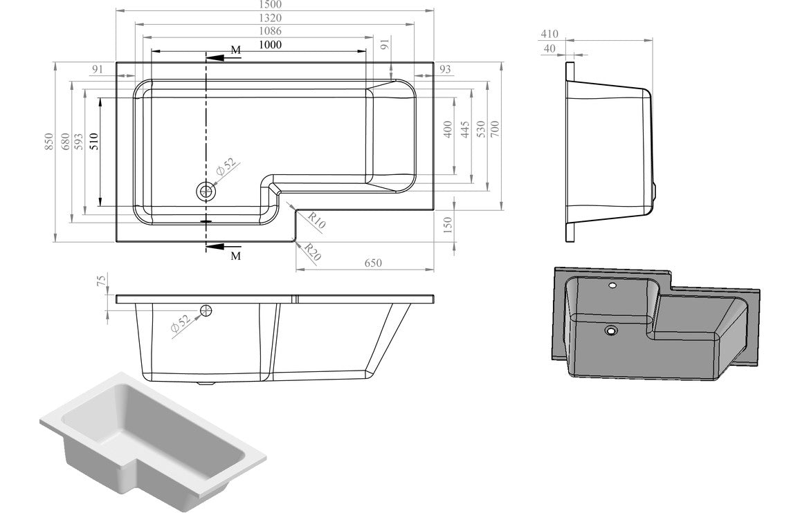 Adur Square Single End Bath w/Legs