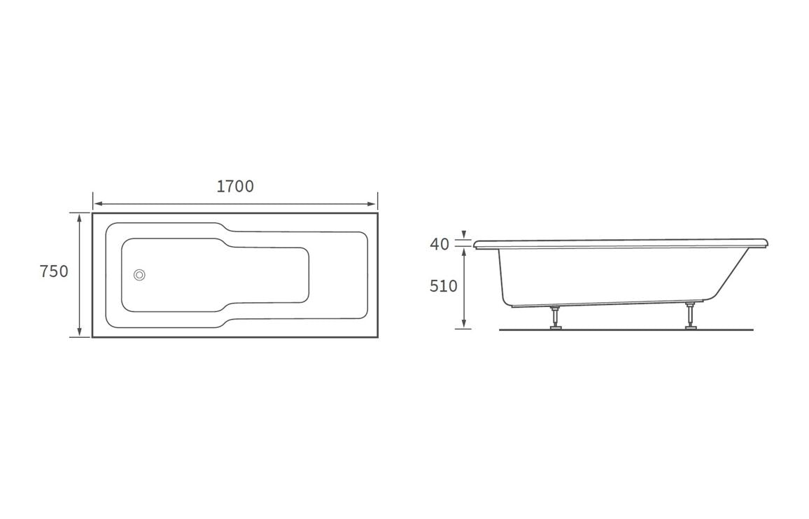 Alt Straight Shower Bath w/Legs -  L 1700 x W 750 x H 550mm