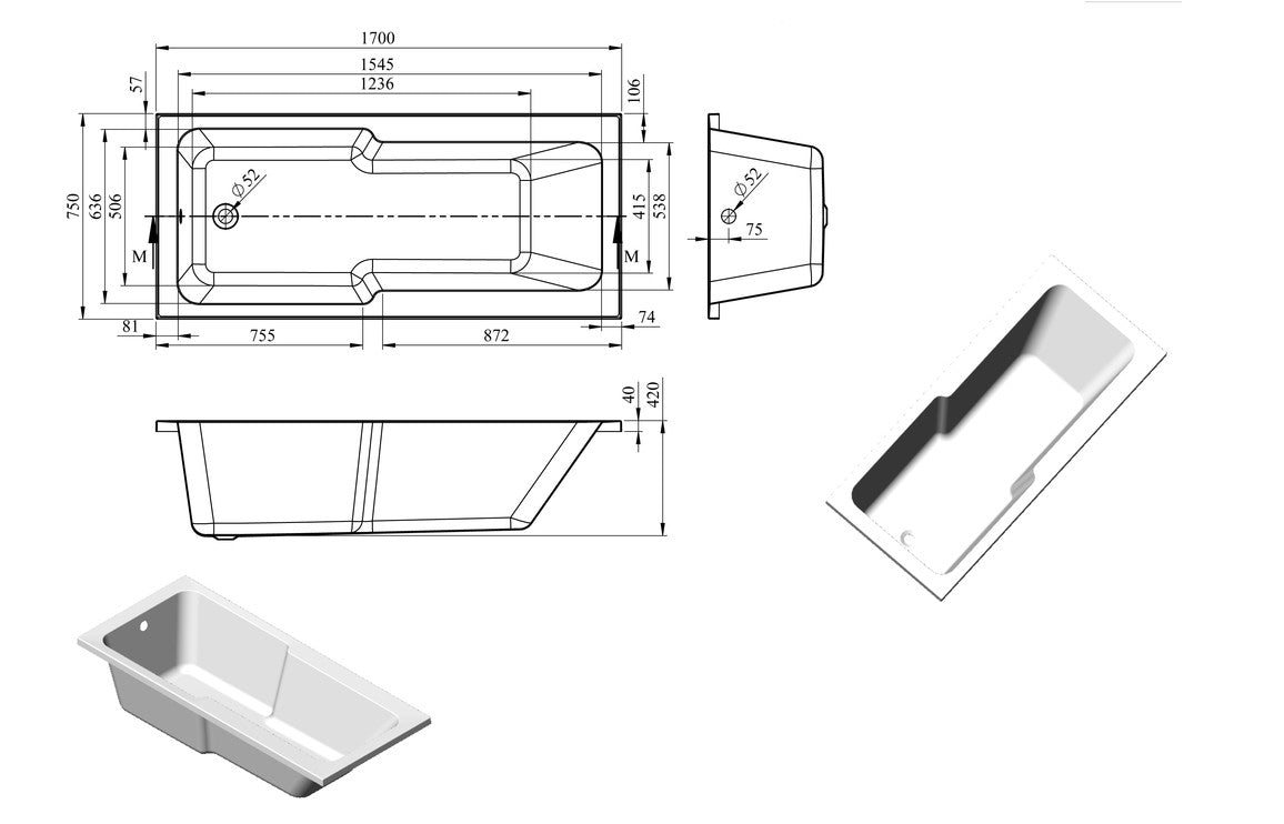 Alt Straight Shower Bath w/Legs -  L 1700 x W 750 x H 550mm