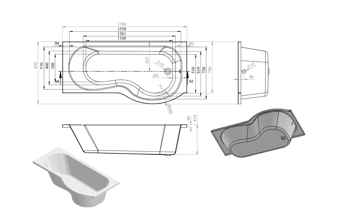 P-Shape Single End Bath